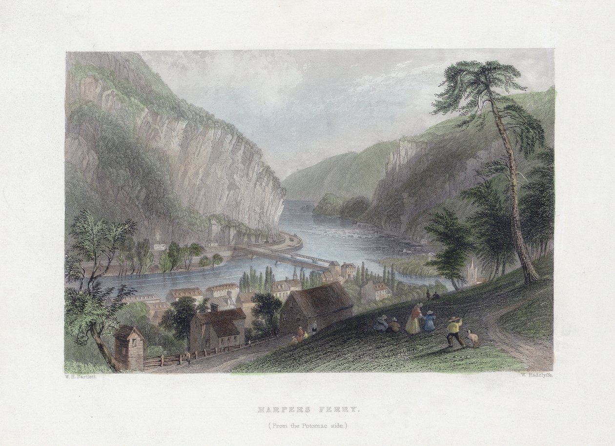 Harpers Ferry (vanaf de Potomac-zijde), uitgegeven 1839 door William Henry Bartlett