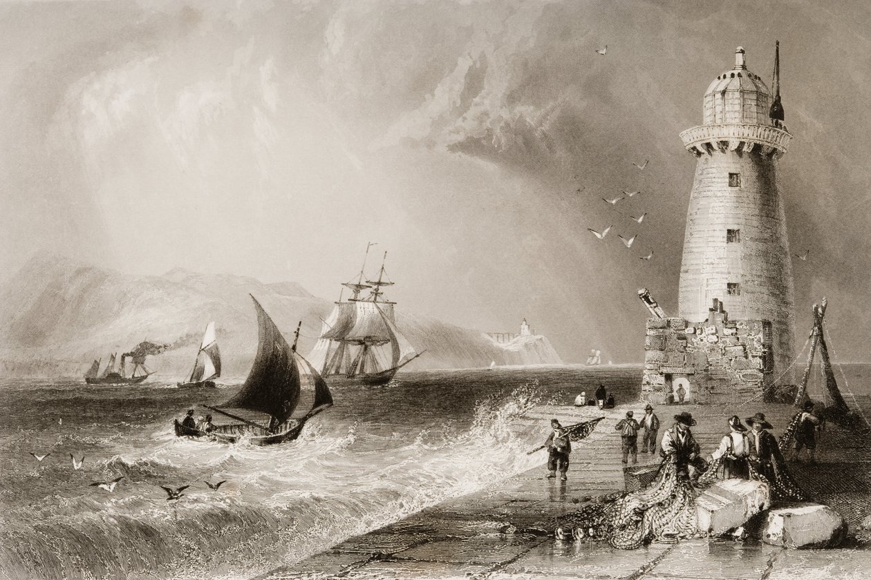 South Wall Lighthouse met Howth Hill in de verte, Dublin, uit 
