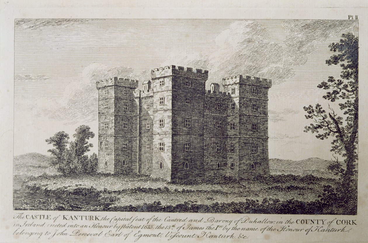 Het kasteel van Kanturk, County Cork, Ierland in de 1800s, uit 