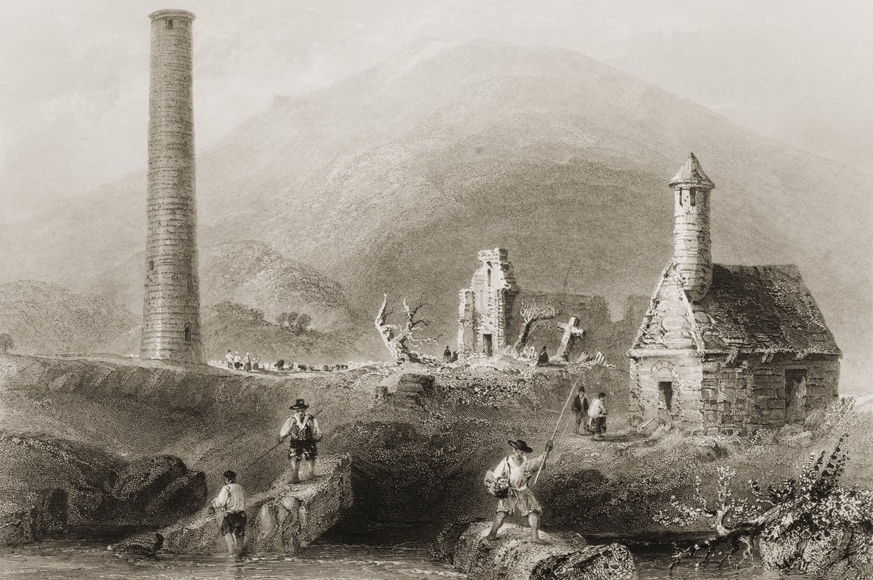 De ruïnes van Glendalough, County Wicklow, Ierland, uit 