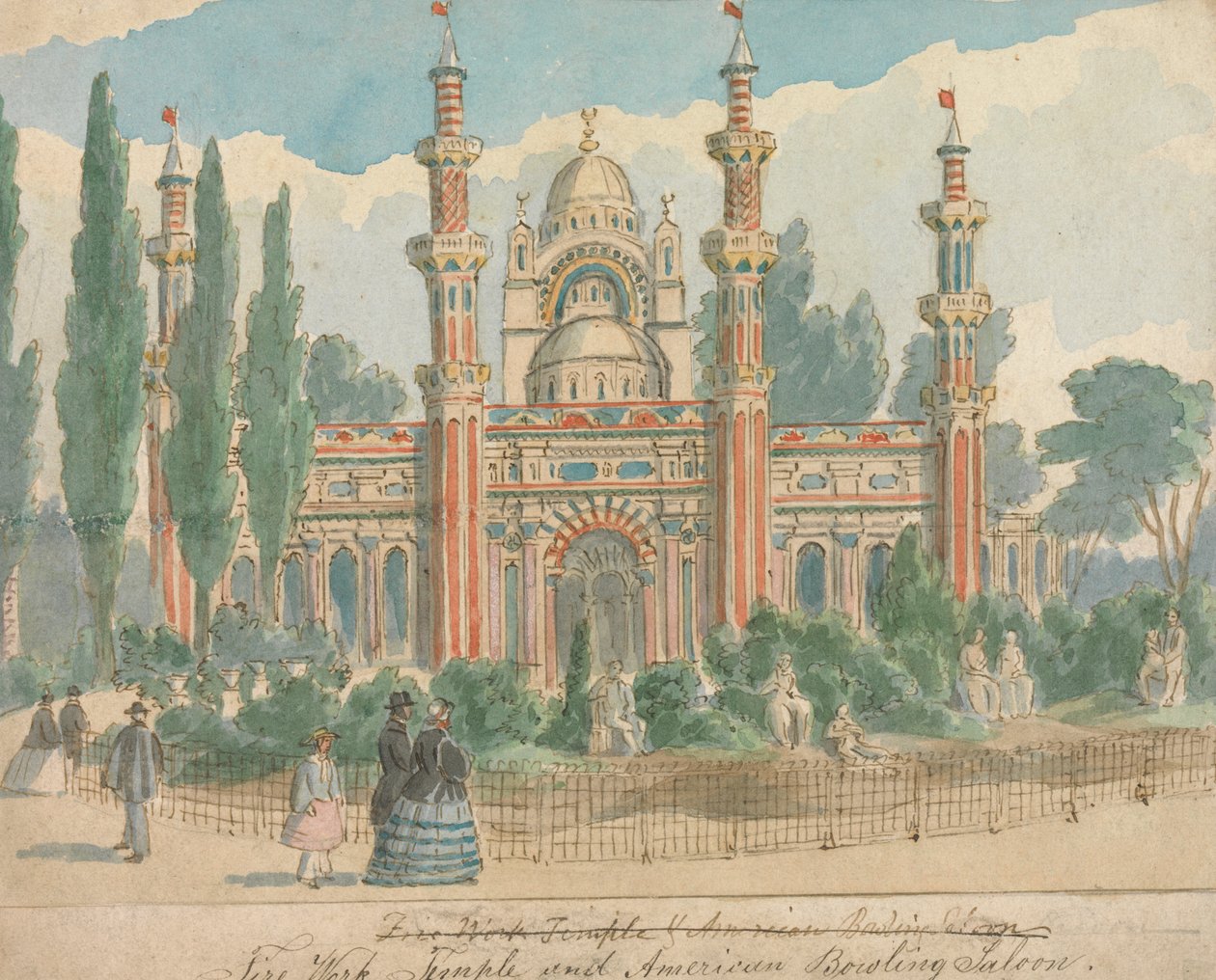 Vuurwerktempel en Amerikaans gebouwsalon door William Henry Brooke