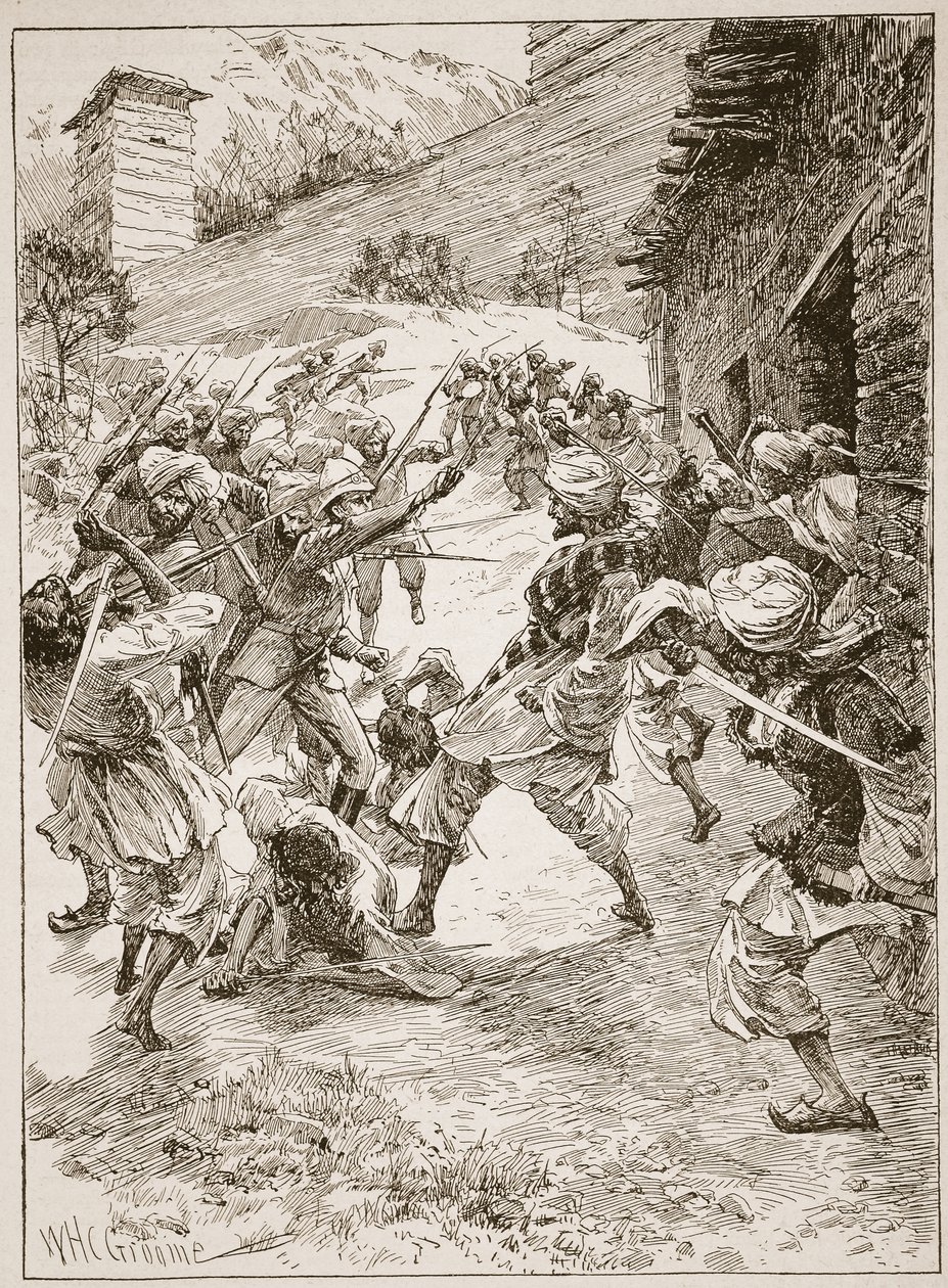 Luitenant Harley, aan het hoofd van veertig Sikhs en zestig Kashmiris, stormde het huis over de monding van de mijn, illustratie uit 