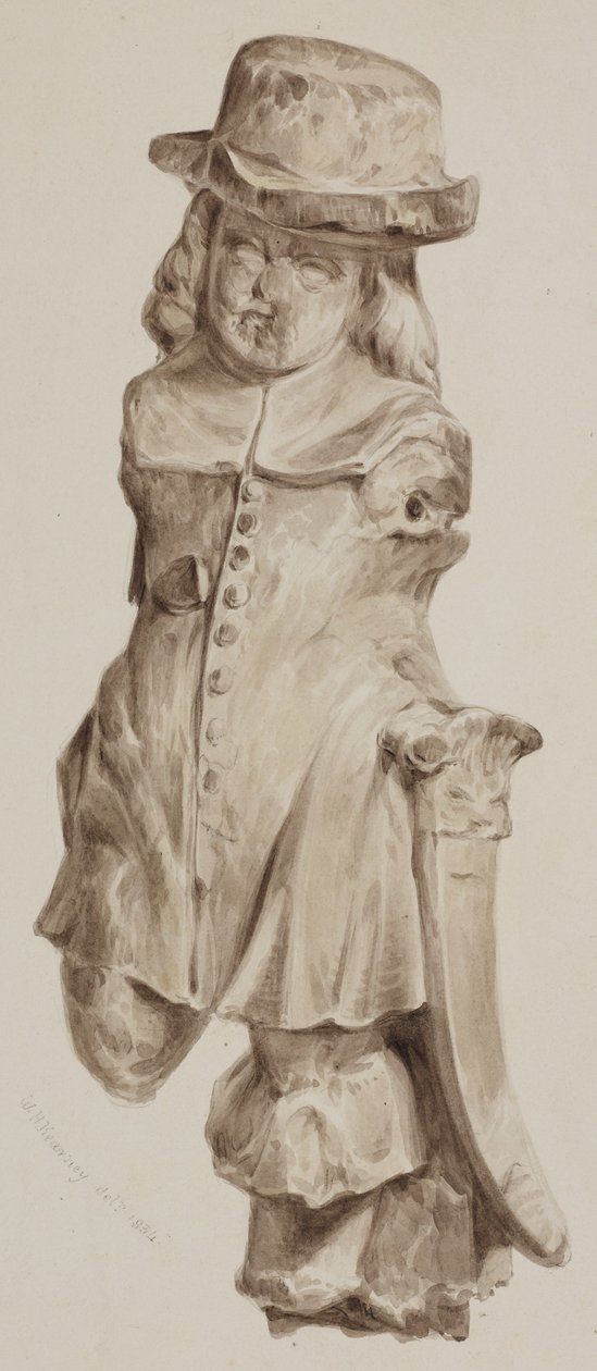 Gesneden figuur in eikenhout, ooit in de deuropening van het huis gebouwd op de plaats van de Boars Head Tavern, Eastcheap, 1834 door William Henry Kearney