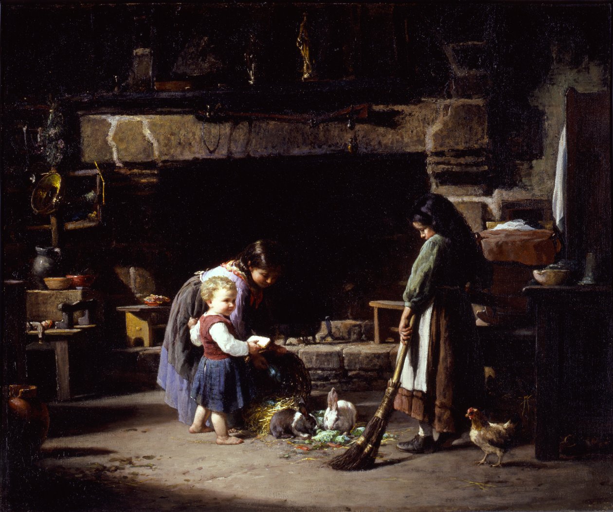 Boereninterieur: Bretonse kinderen voeren konijnen, 1878 door William Henry Lippincott