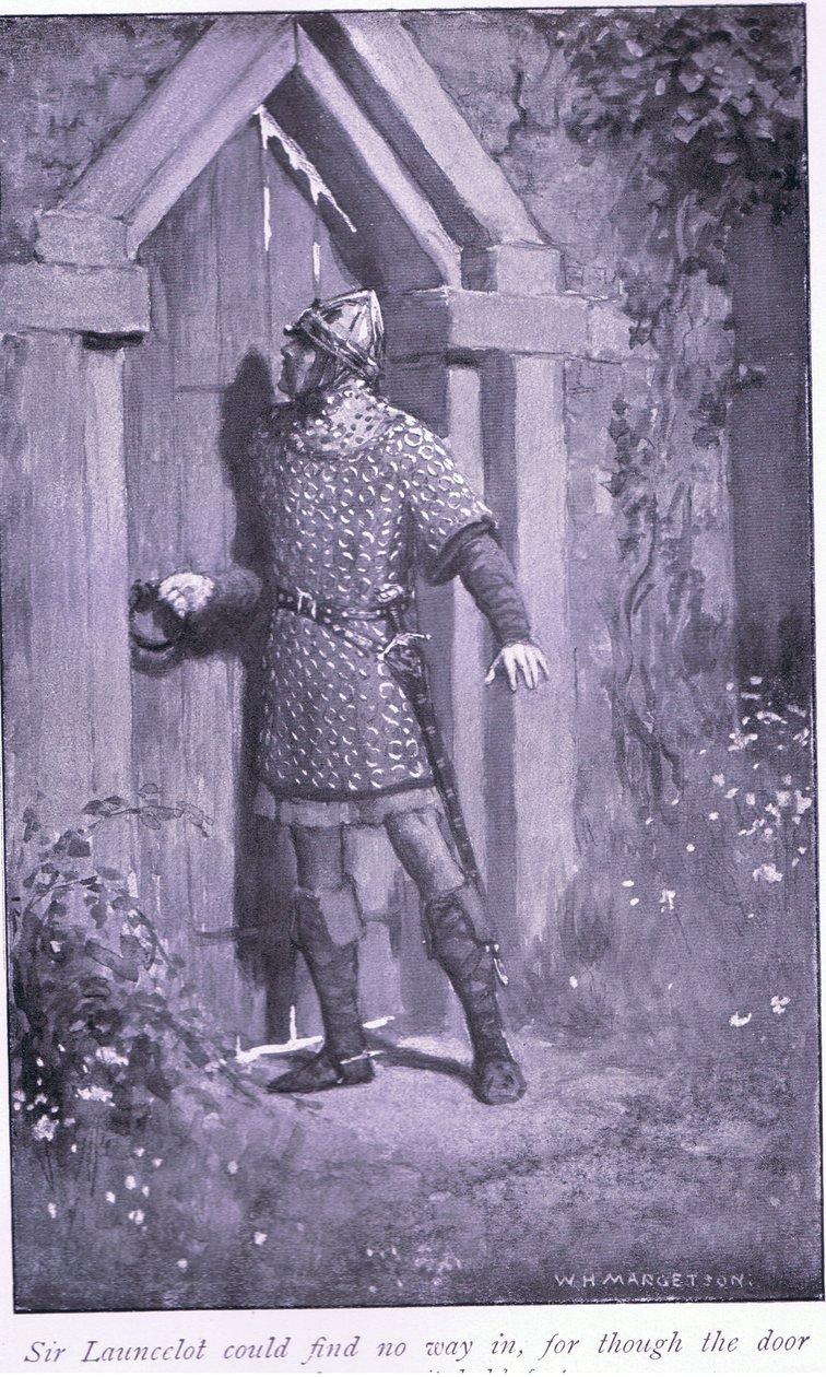 Sir Launcelot kon geen weg vinden, want hoewel de deur oud en versleten was, hield hij stand door William Henry Margetson