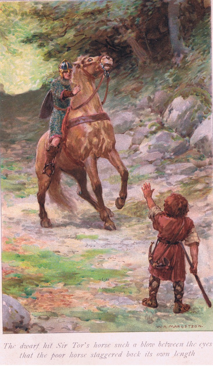 De dwerg sloeg het paard van Sir Tor zo hard tussen de ogen dat het arme paard een eigen lengte achteruit wankelde door William Henry Margetson