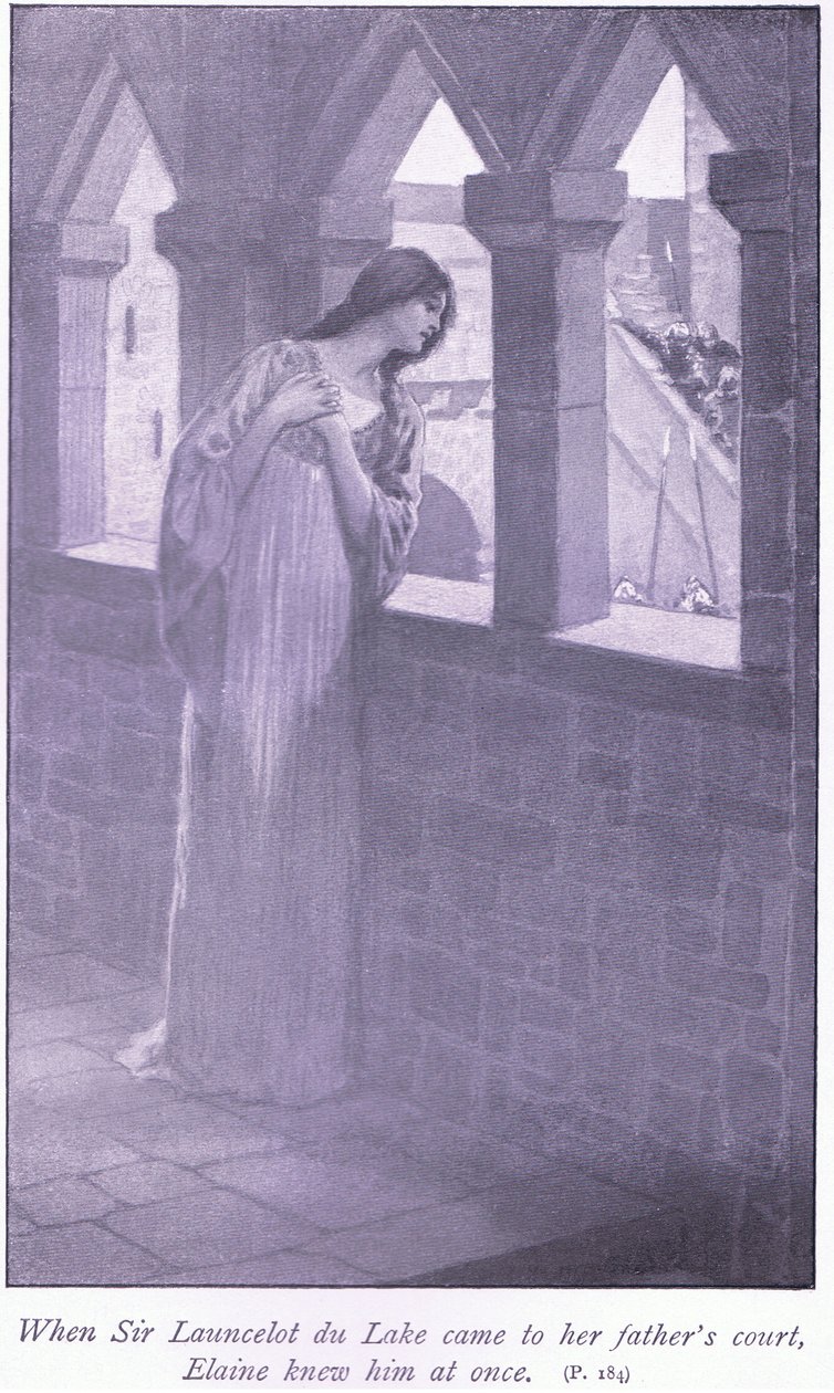 Toen Sir Launcelot du Lake naar het hof van haar vader kwam, herkende Elaine hem meteen door William Henry Margetson