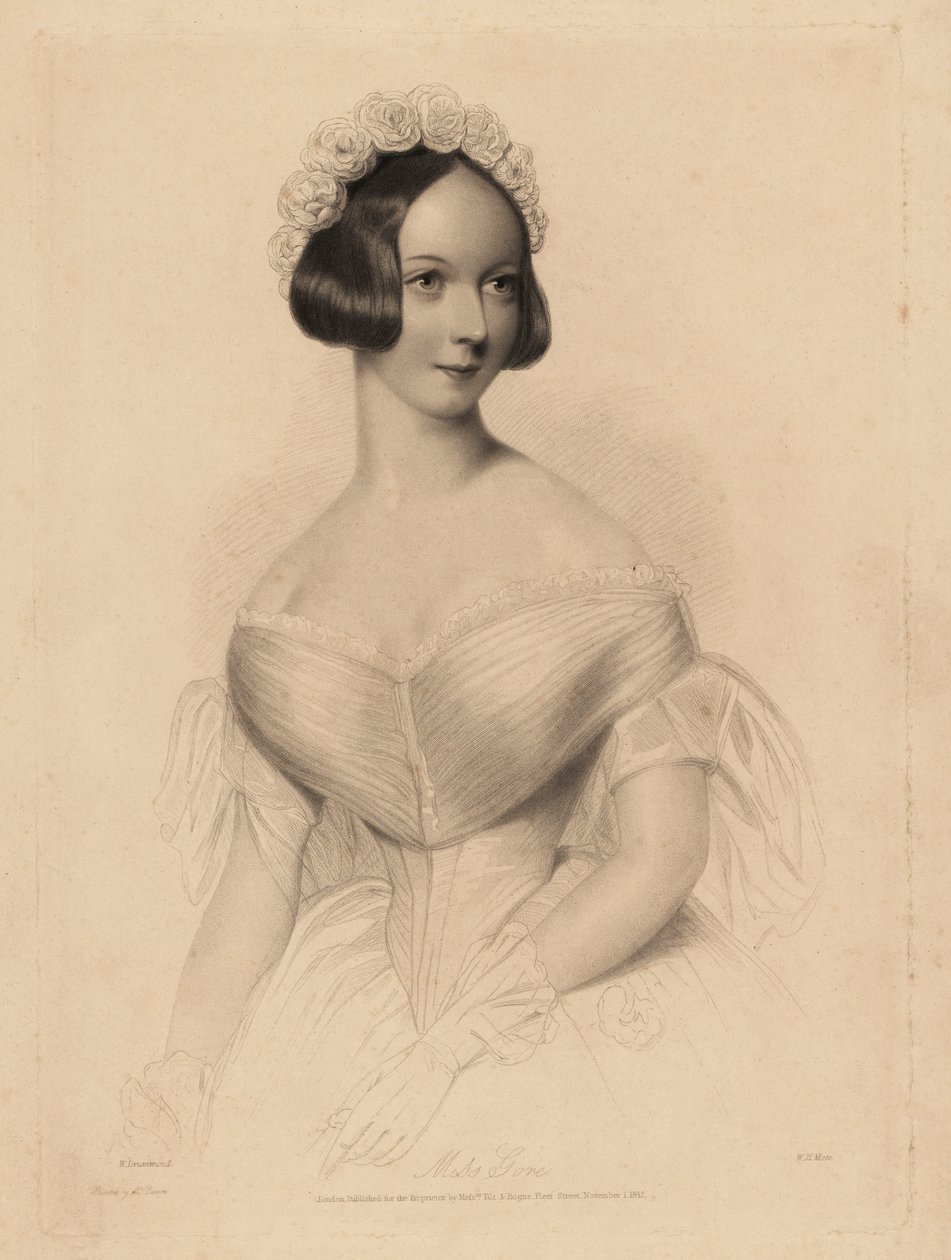 Miss Gore. In een off-the-shoulder jurk met strakke taille, haar versierd met een krans van rozen. Staalgravure door William Henry Mote naar een illustratie van William Drummond uit Charles Heath