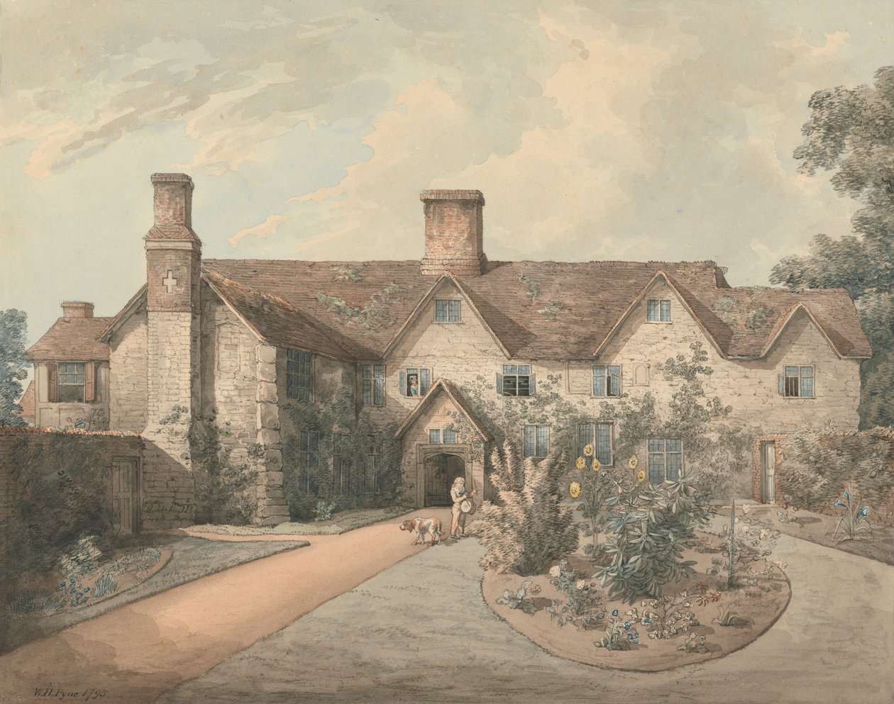 Een jongen die een trommel speelt in de tuin van een landhuis door William Henry Pyne
