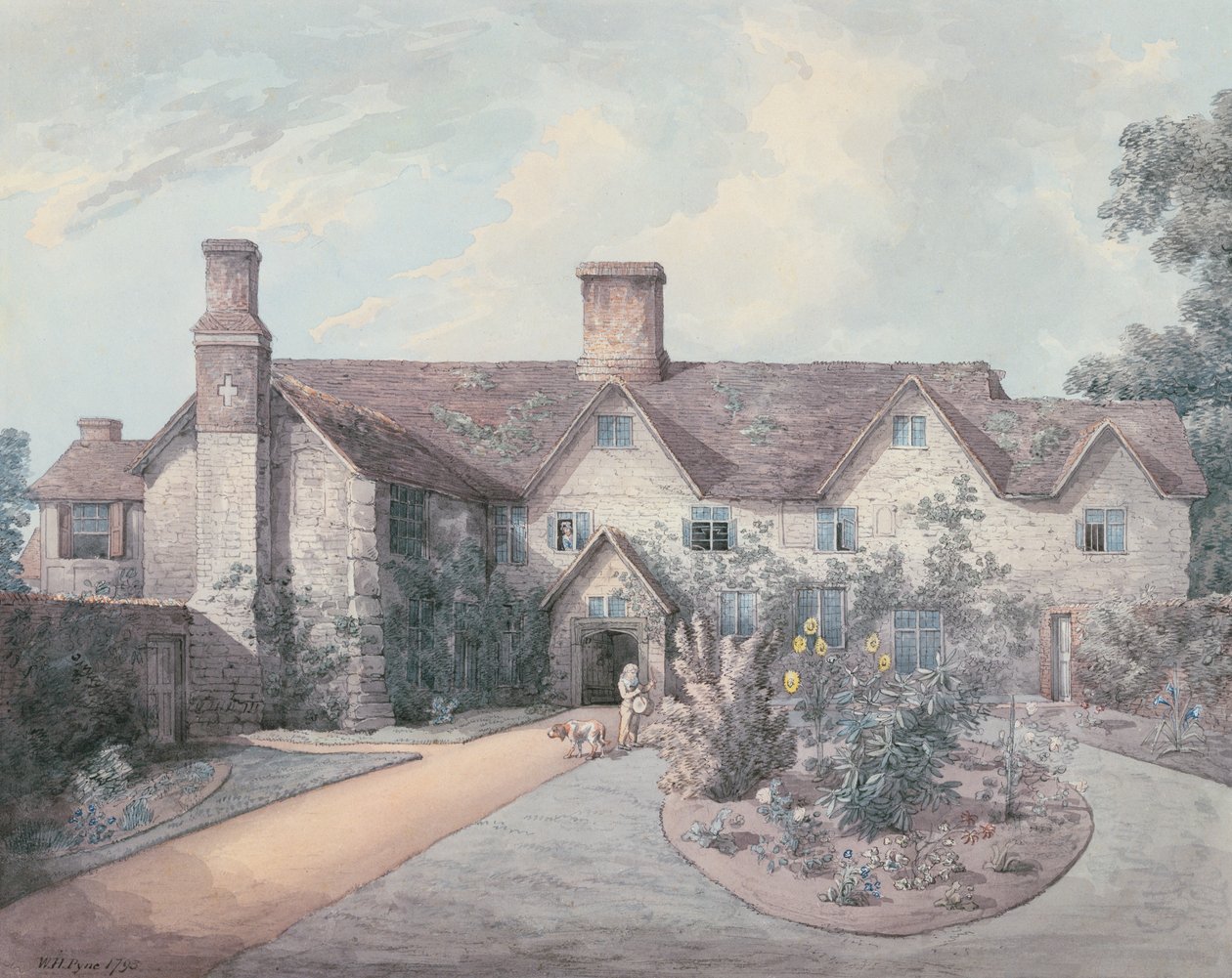 Een jongen die een trommel speelt in de tuin van een landhuis, 1793 door William Henry Pyne