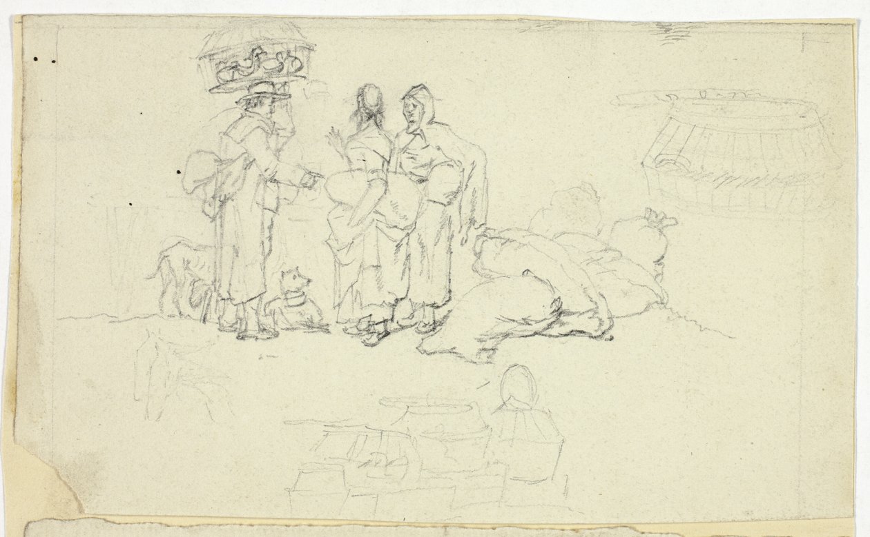 Figuren met marktgoederen en drie schetsen door William Henry Pyne