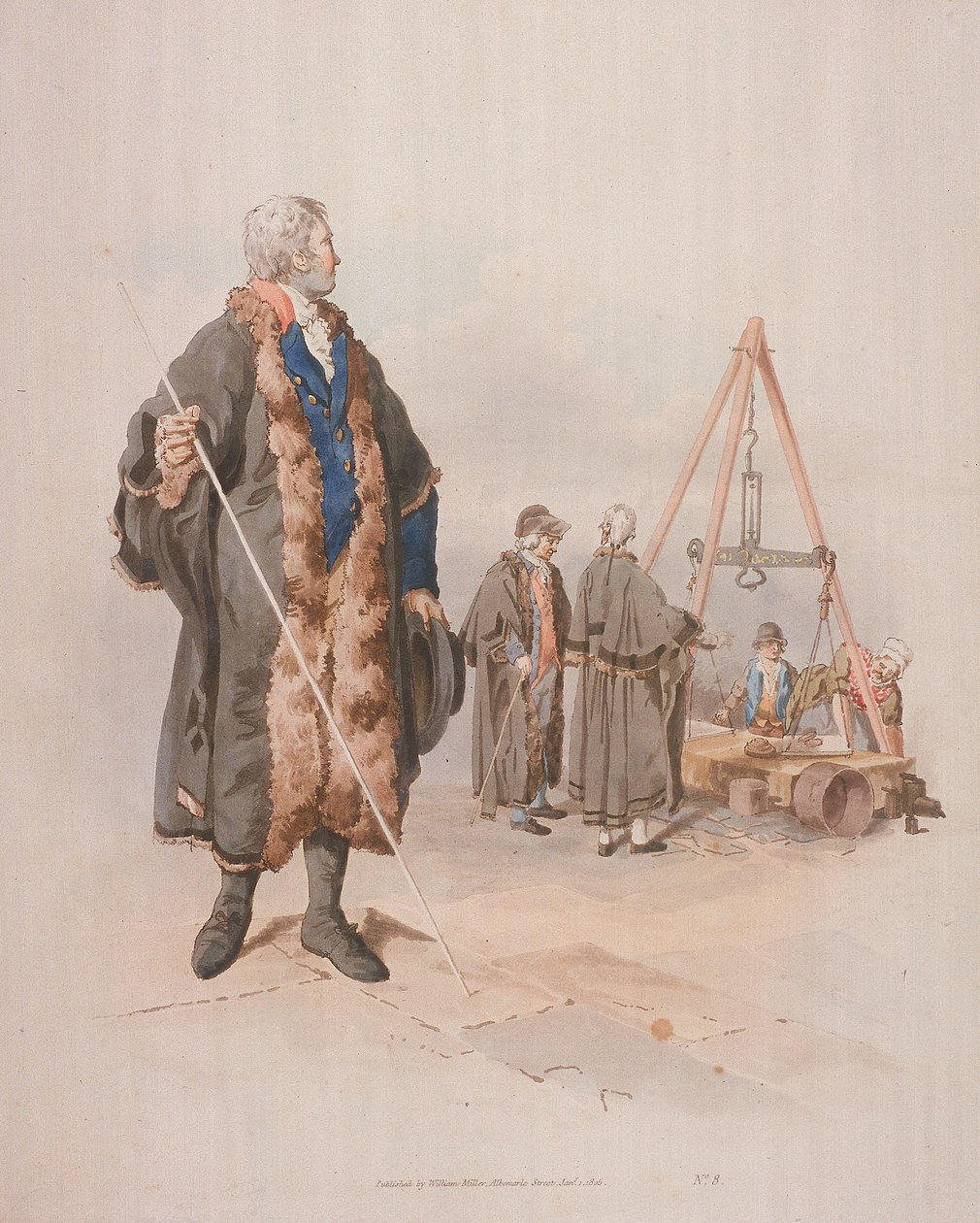 Ward Beadle in burgerkostuum, met een staf, bij een Wardmote Inquest, 1805 door William Henry Pyne
