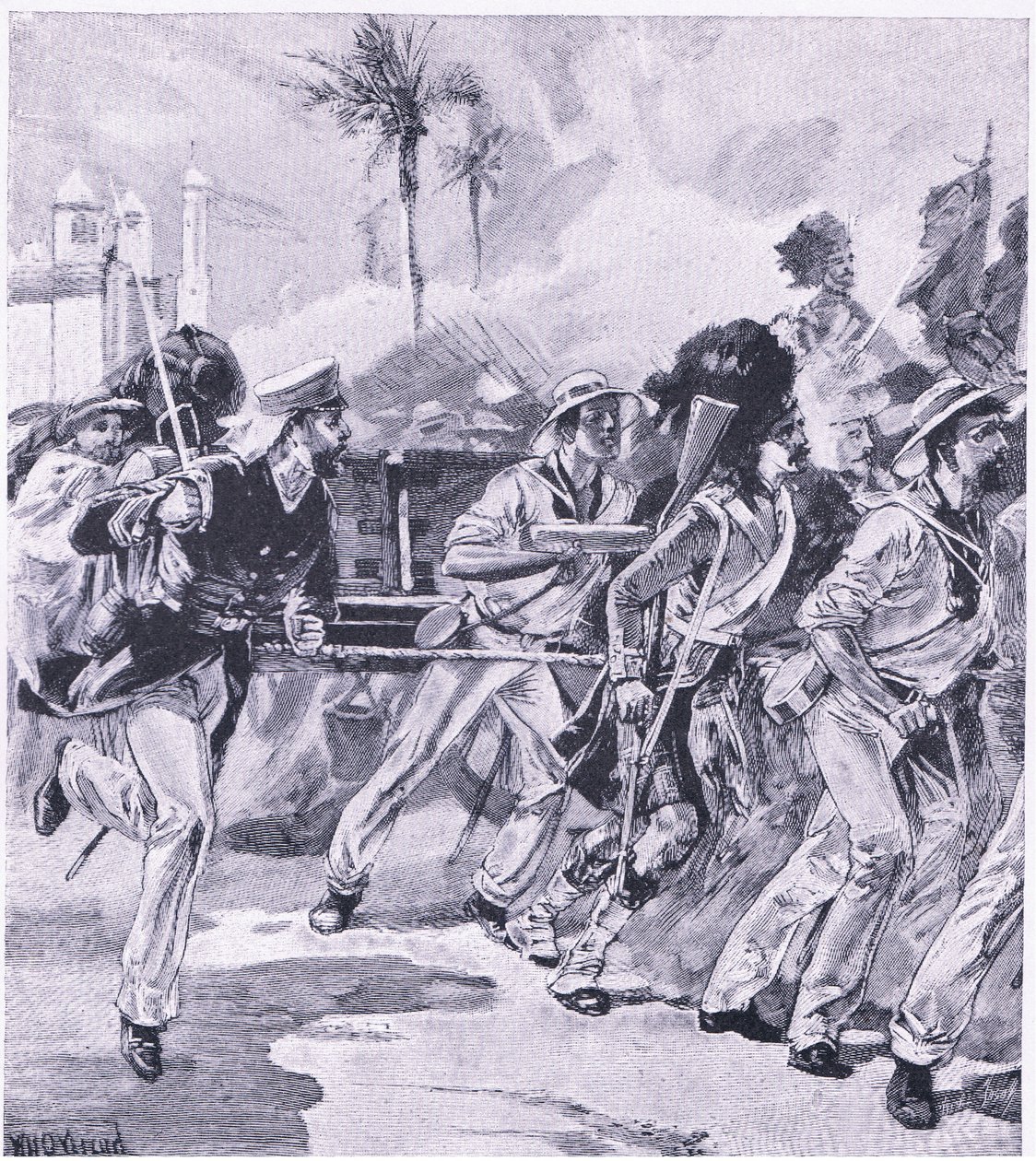 De marinebrigade van HMS Shannon bij Lucknow, november 1857, illustratie uit British Battles on Land and Sea, 1915 door William Heysham Overend