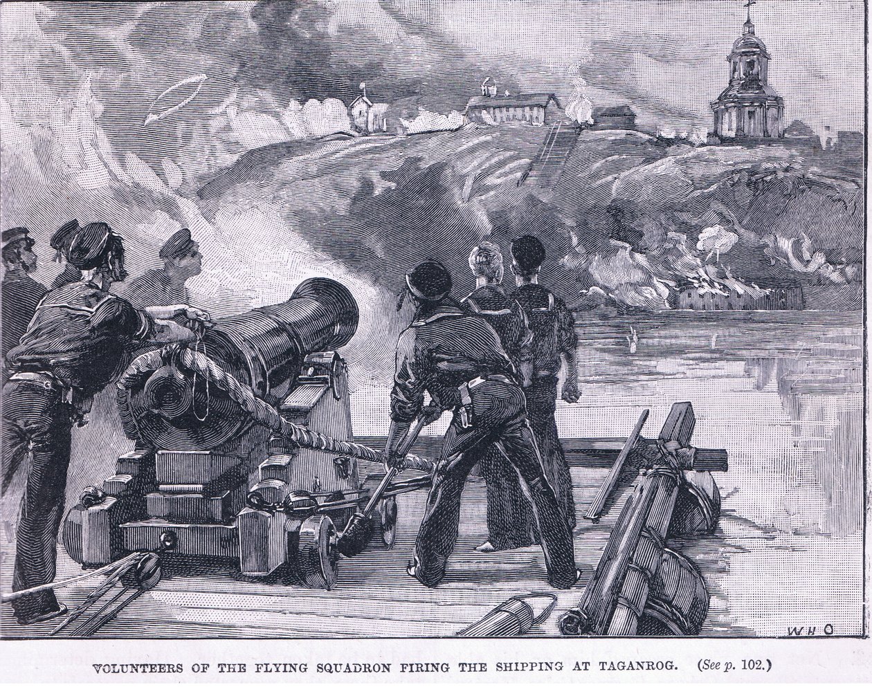 Vrijwilligers van het vliegende squadron die op de schepen bij Taganrog schieten, 1855 AD door William Heysham Overend