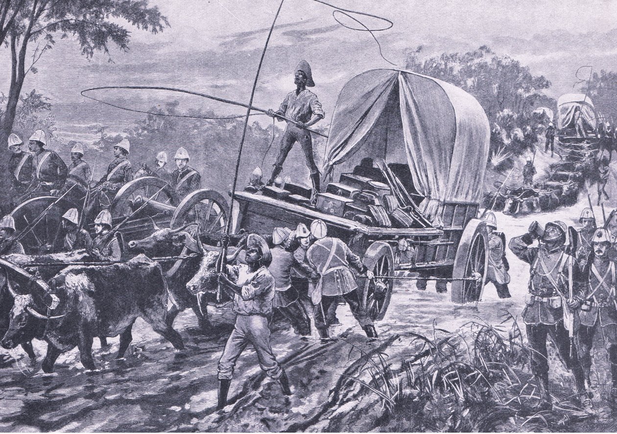 Zulu Oorlog: De Estowe Hulptroep steekt een stroom over, april 1879, illustratie uit British Battles on Land and Sea, 1915 door William Heysham Overend