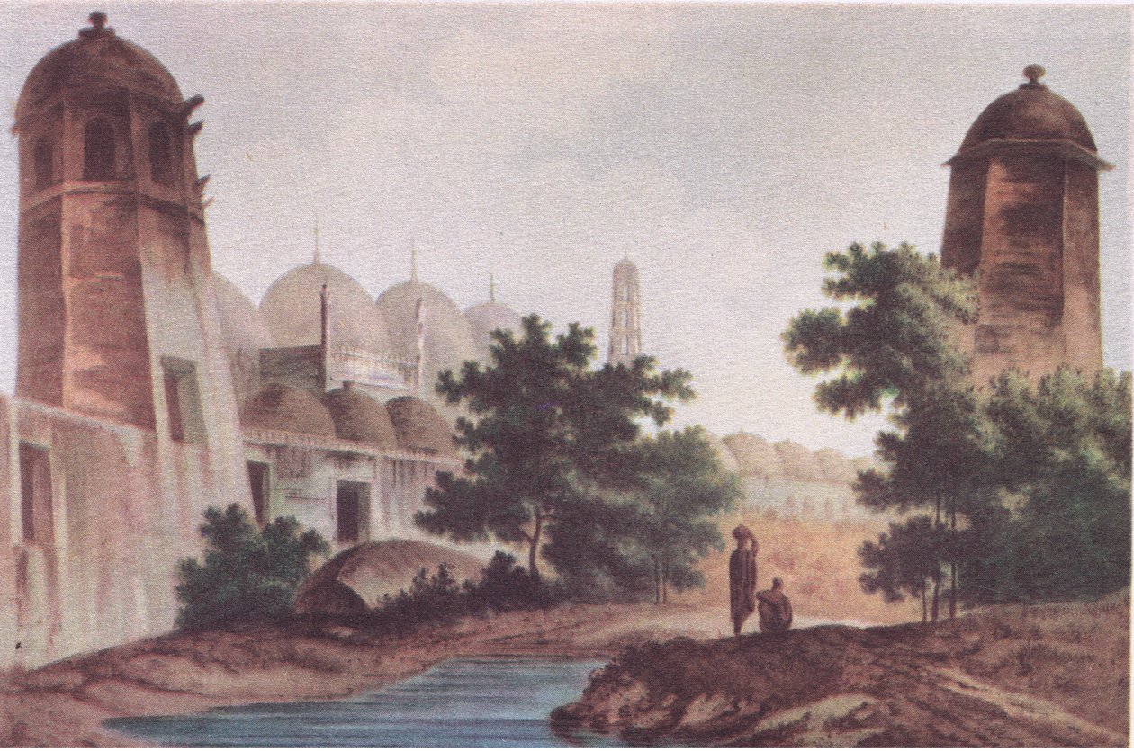 Een uitzicht op de Kutra-moskee gebouwd door Mir Jaffier in Murshidabad (Select Views in India 1786), uit British Adventure gepubliceerd door Collins, 1947 door William Hodge