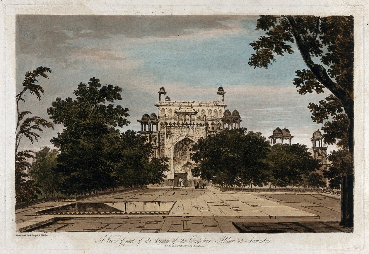 Gezicht op een deel van het graf van keizer Akbar in Secundrii door William Hodges