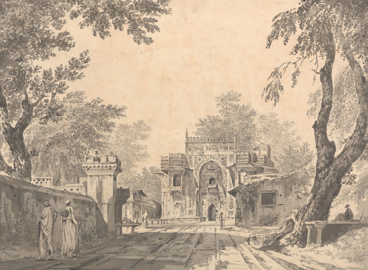 Een blik op een moskee in Chunar Gur [Chunargarh] door William Hodges