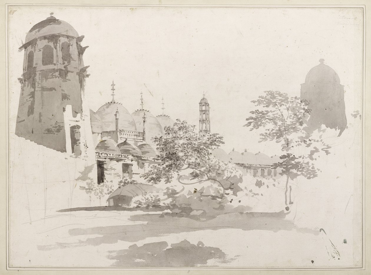 Een Uitzicht op de Cuttera Gebouwd door Jaffier Cawn in Murishidbad, ca. 1781 (grijze was en potlood op papier) door William Hodges