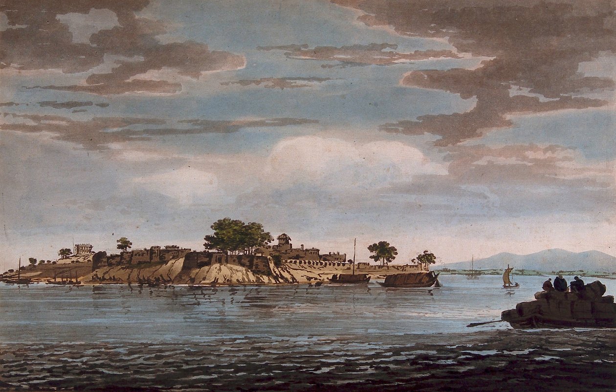 Gezicht op het fort van Mongheer, aan de oevers van de Ganges door William Hodges