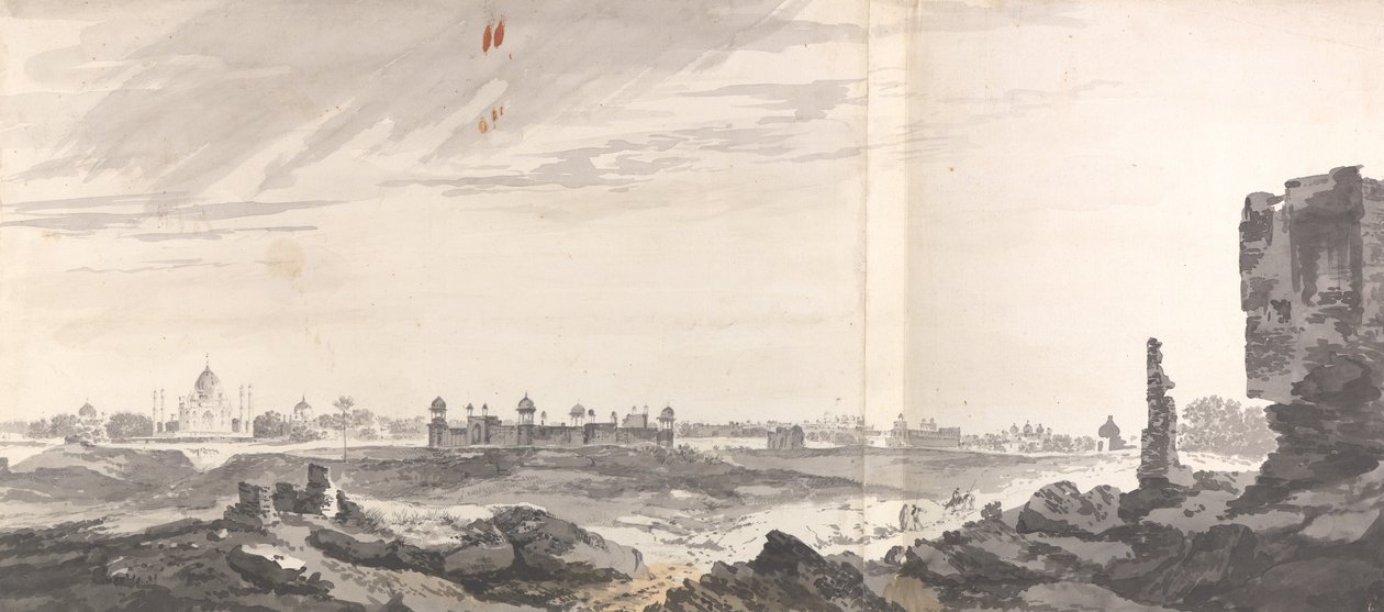 Een blik op de ruïnes van Agra en de Taj Mahal door William Hodges