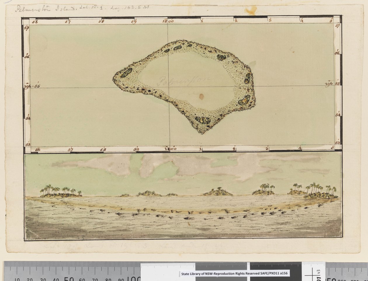 Pagina 25b/a Kaart en profiel van Palmerston Island door William Hodges