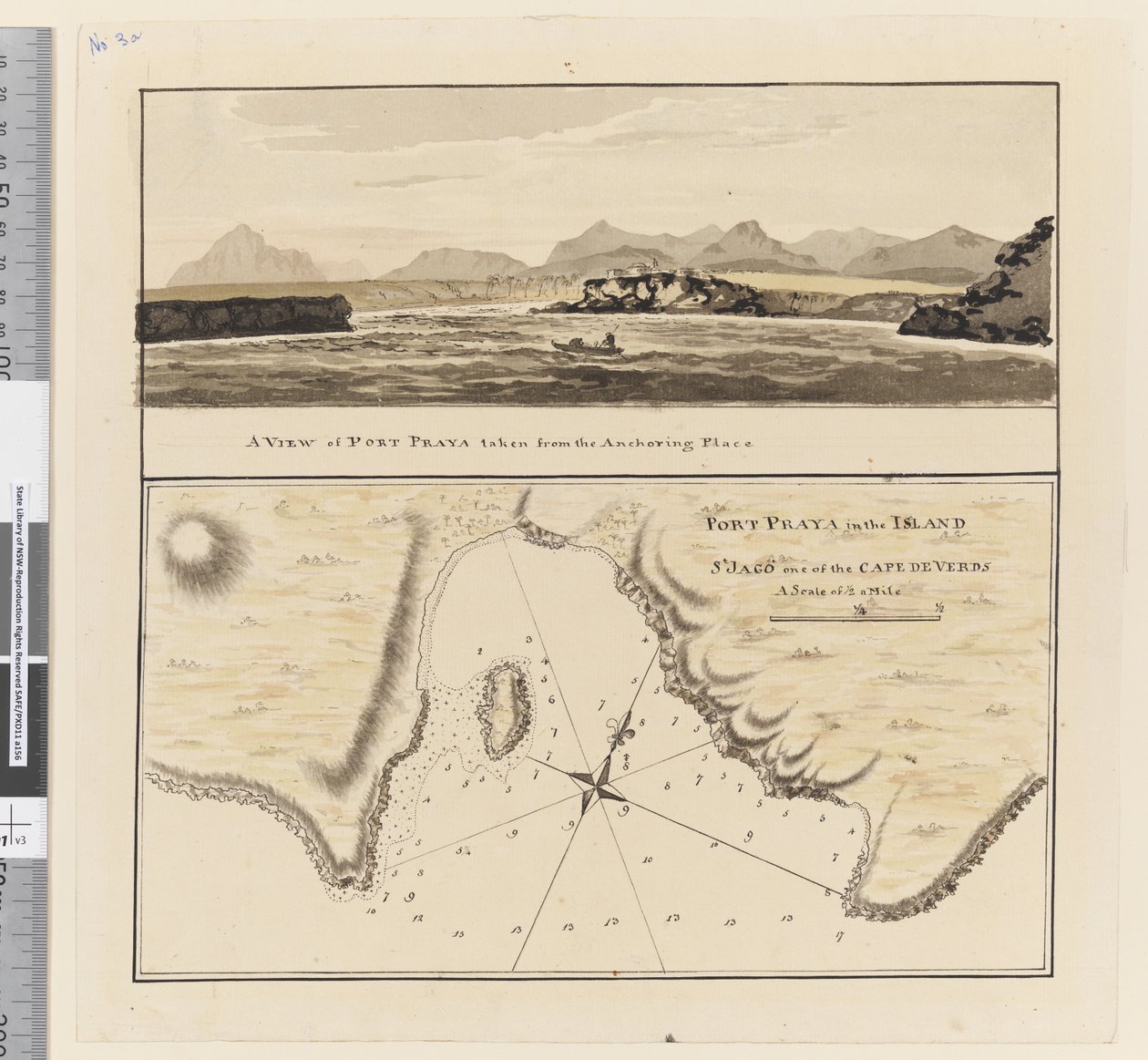 Kaart van Port Praya op het eiland St Jago, Kaapverdische Eilanden door William Hodges