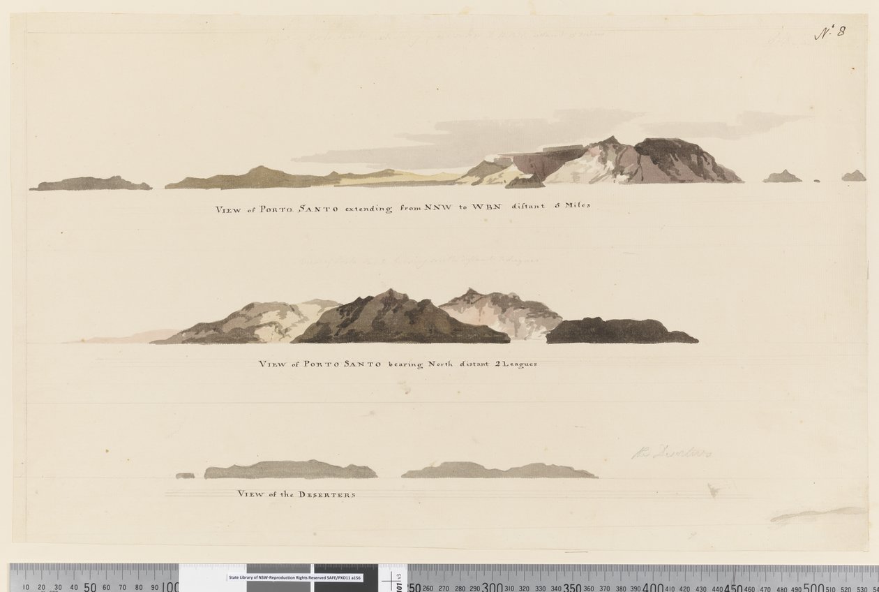 Pagina 8 (a) Uitzicht op Porto Santo van NNW tot WBN op 5 mijl afstand (b) Uitzicht op Porto Santo naar het noorden op 2 zeemijlen afstand en (c) Uitzicht op De Deserteurs door William Hodges