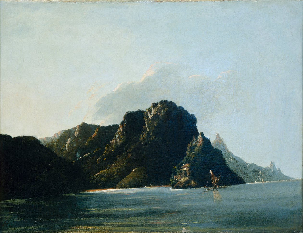 Uitzicht op Resolution [Vaitahu] Bay in de Marquesas door William Hodges