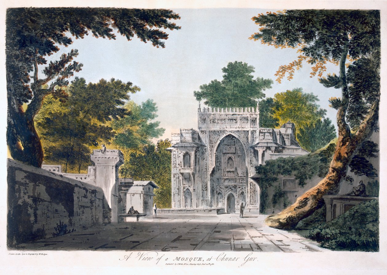 Uitzicht op een moskee in Chunar Gur, 1786 (aquatint) door William Hodges