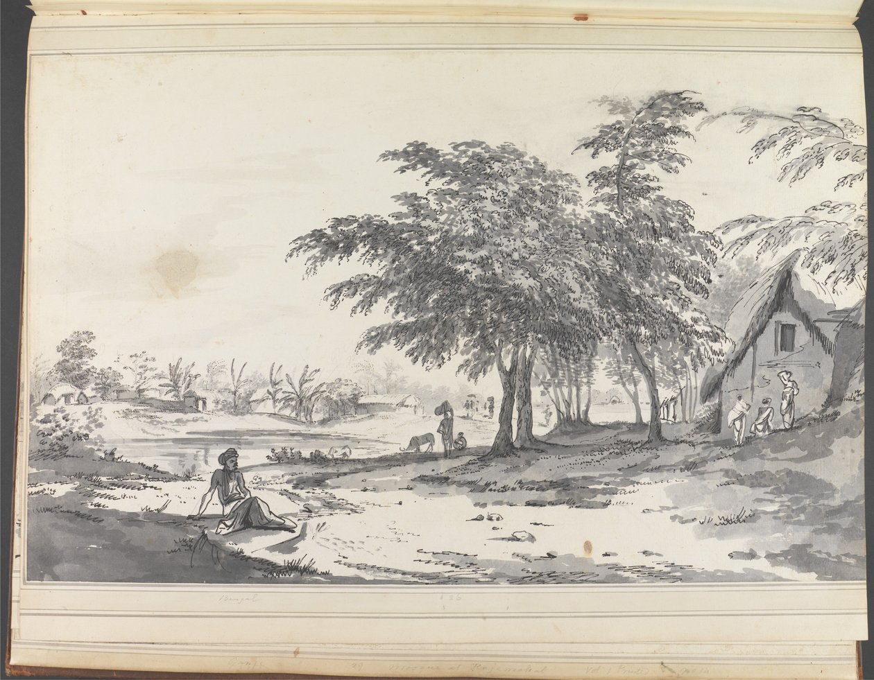 Uitzicht op een Indiaans dorp met een zittende man op de voorgrond door William Hodges