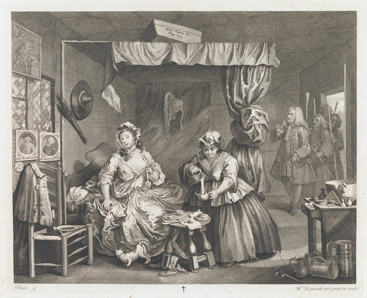 De val van een hoer, ontworpen 1732, gedrukt 1744 door William Hogarth