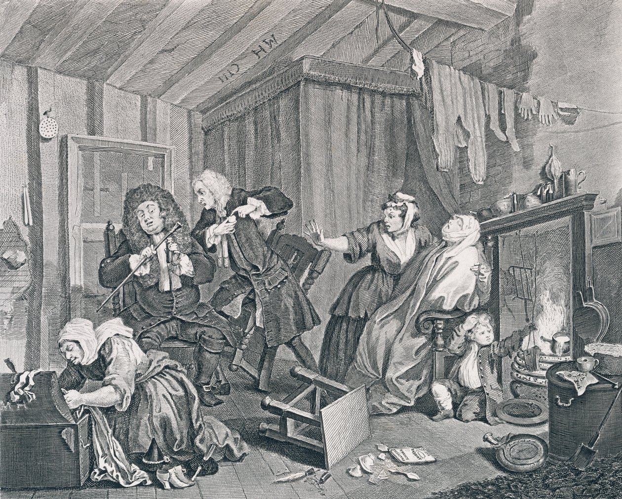 Het Verloop van een Hoer, Plaat Vijf: Sterft terwijl de Dokters Twisten, 1732 door William Hogarth