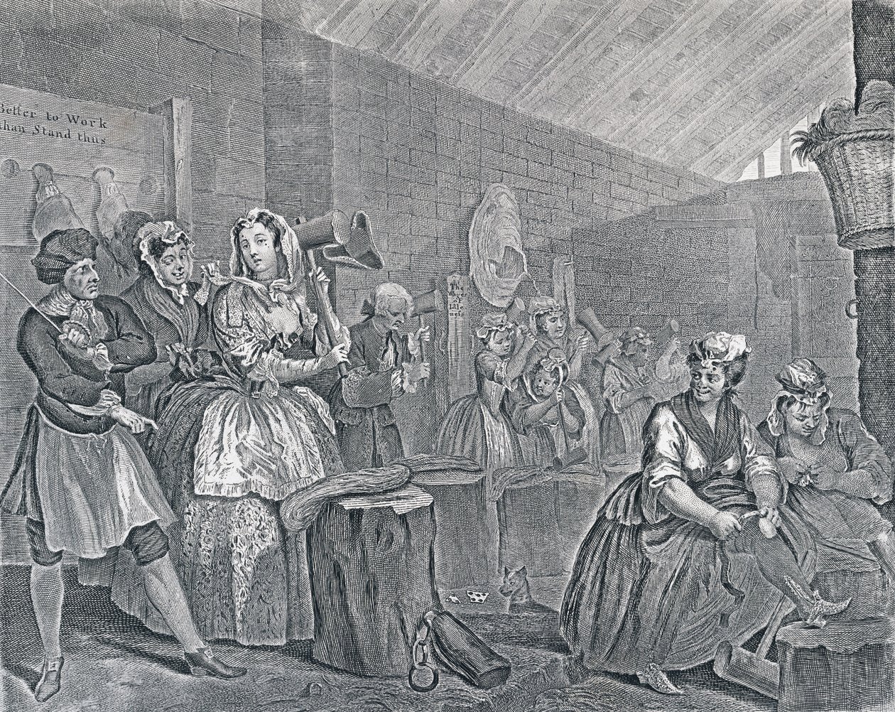 Een hoerenloop, Plaat Vier: Scène in Bridewell, 1732 door William Hogarth
