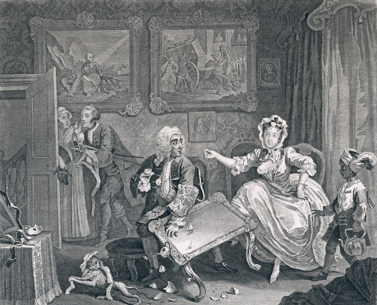 Het verloop van een hoer, plaat twee: Ruzies met haar Joodse beschermer door William Hogarth