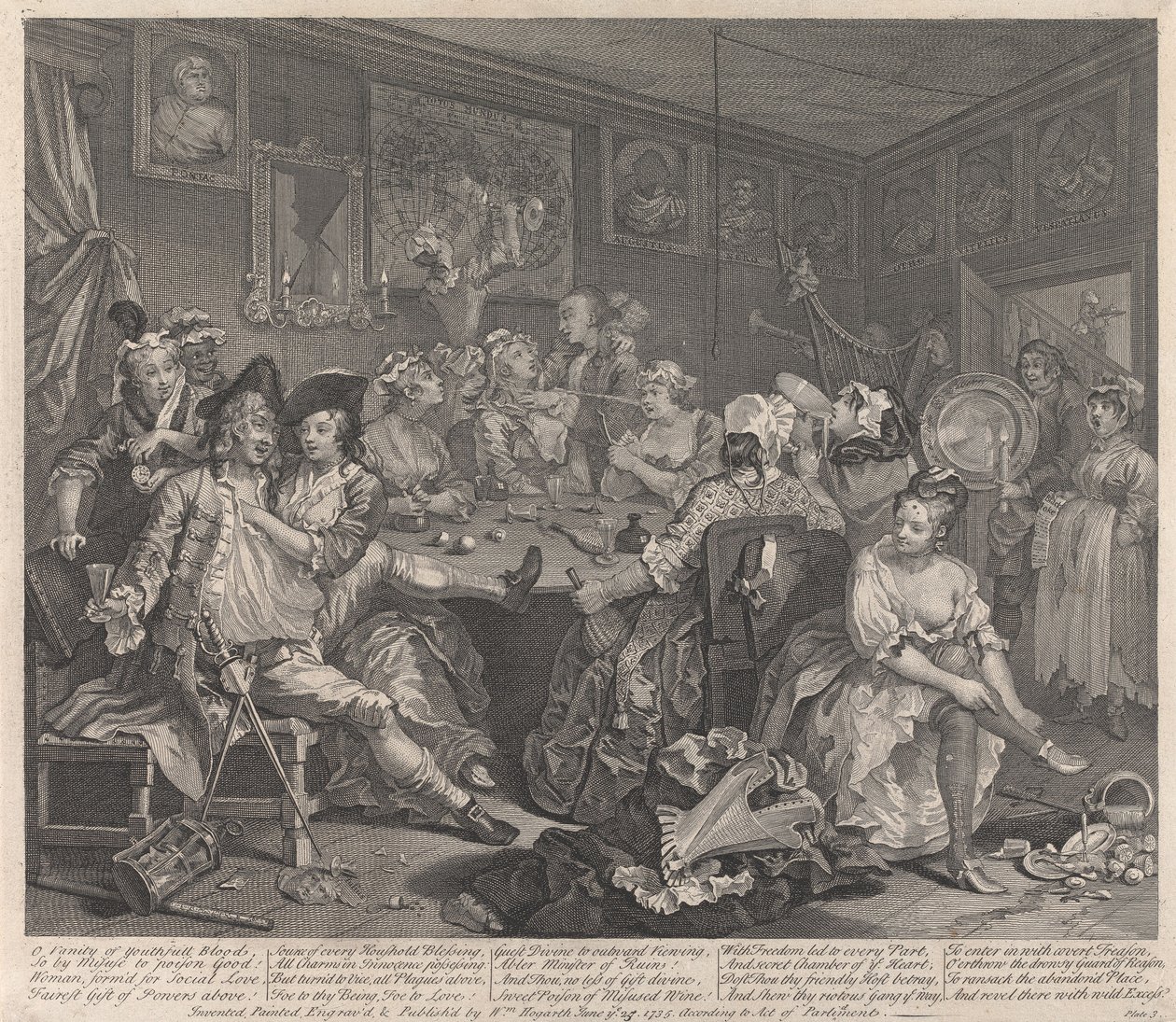 De levensloop van een losbol, plaat 3: Hij zwelgt door William Hogarth