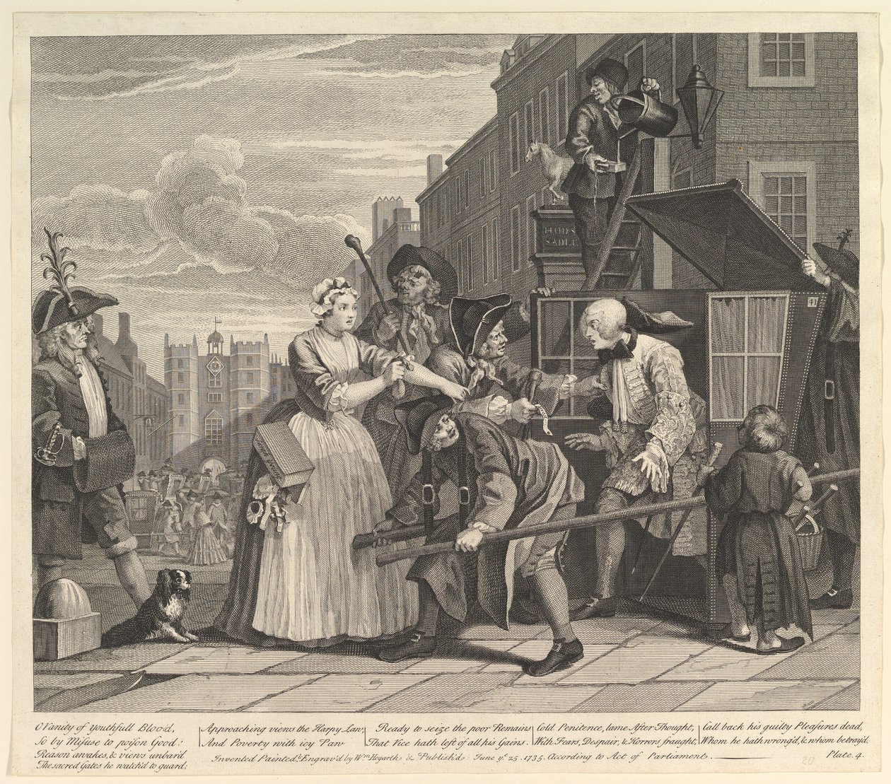 Een losbandig leven, plaat 4, 25 juni 1735 door William Hogarth