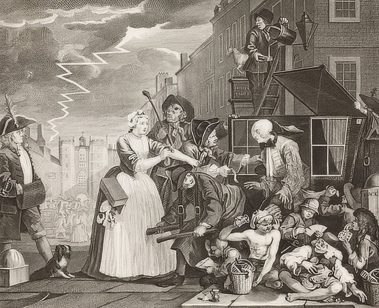 De weg van een losbandige, Blad 4: Tom Rakewell gearresteerd en gered door William Hogarth