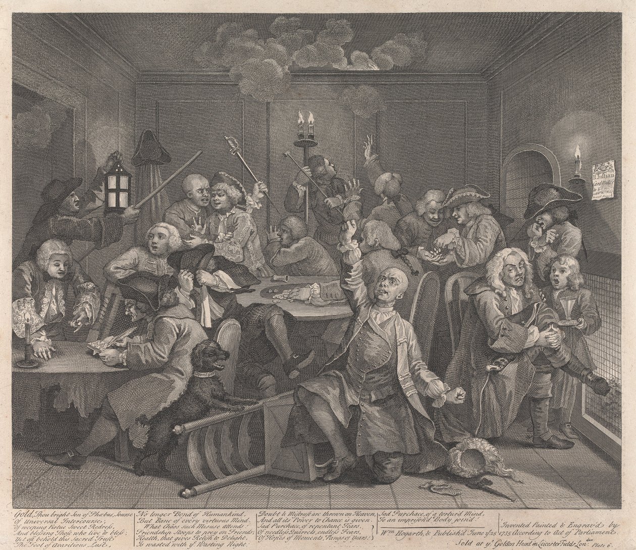 De loopbaan van een losbol, plaat 6: hij gokt door William Hogarth