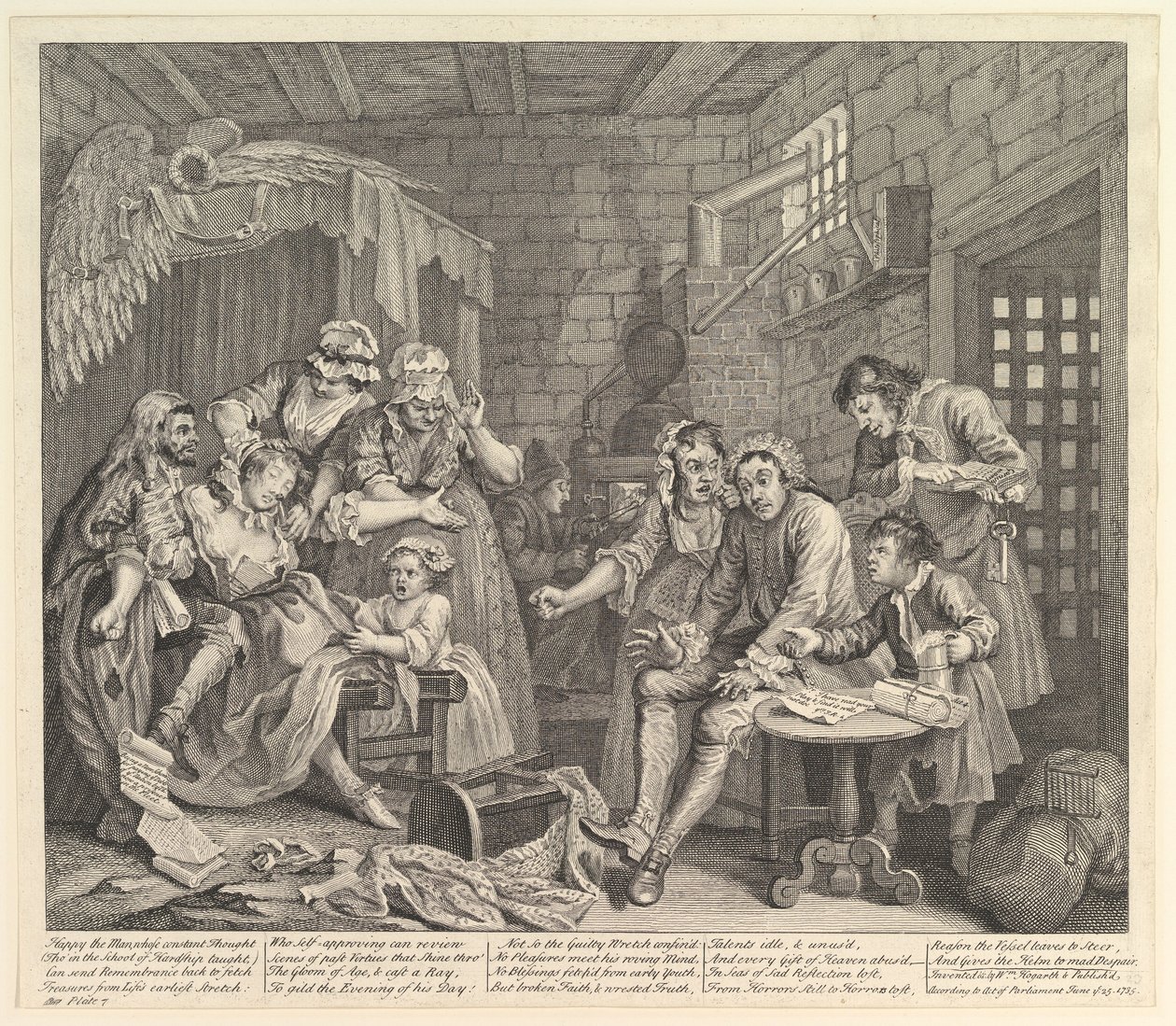 Een Rakes Vooruitgang, Plaat 7, 25 juni 1735 door William Hogarth