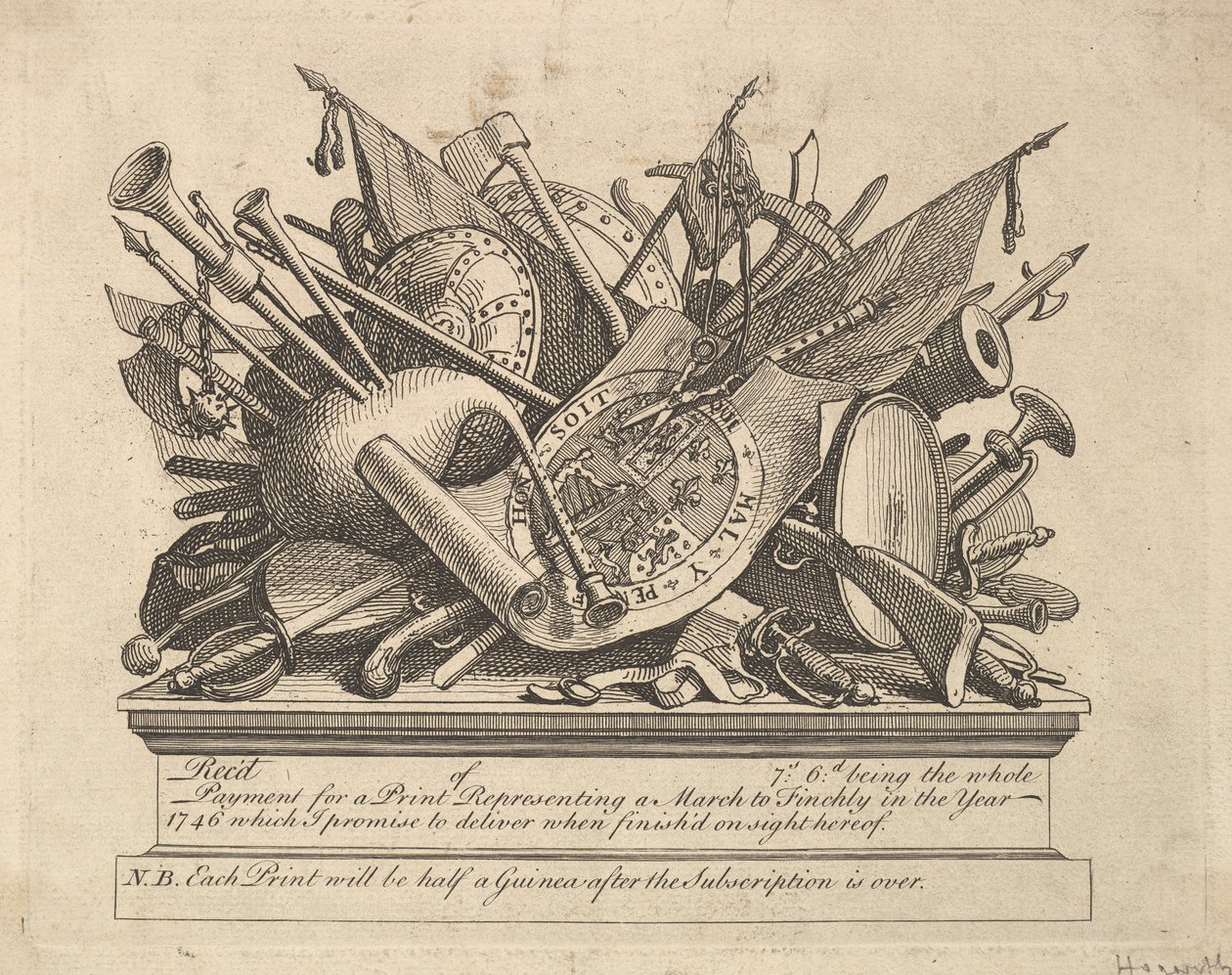 Een wapenrek, muziekinstrumenten, enz., maart 1749-50 door William Hogarth