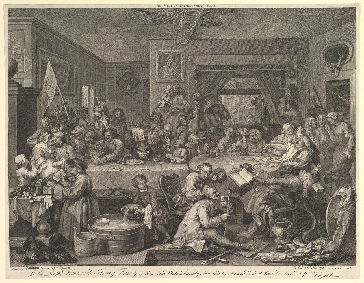 Een Verkiezingsfeest, Plaat I: Vier Prenten van een Verkiezing, februari 1755 door William Hogarth