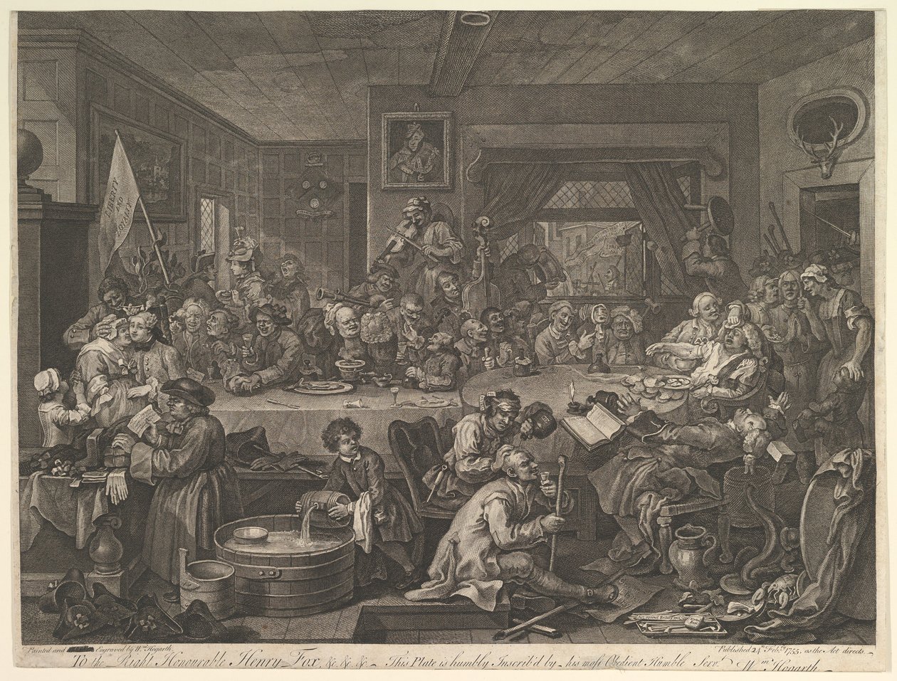 Een verkiezingsfeest, Plaat I: Vier prenten van een verkiezing, 24 februari 1755 door William Hogarth