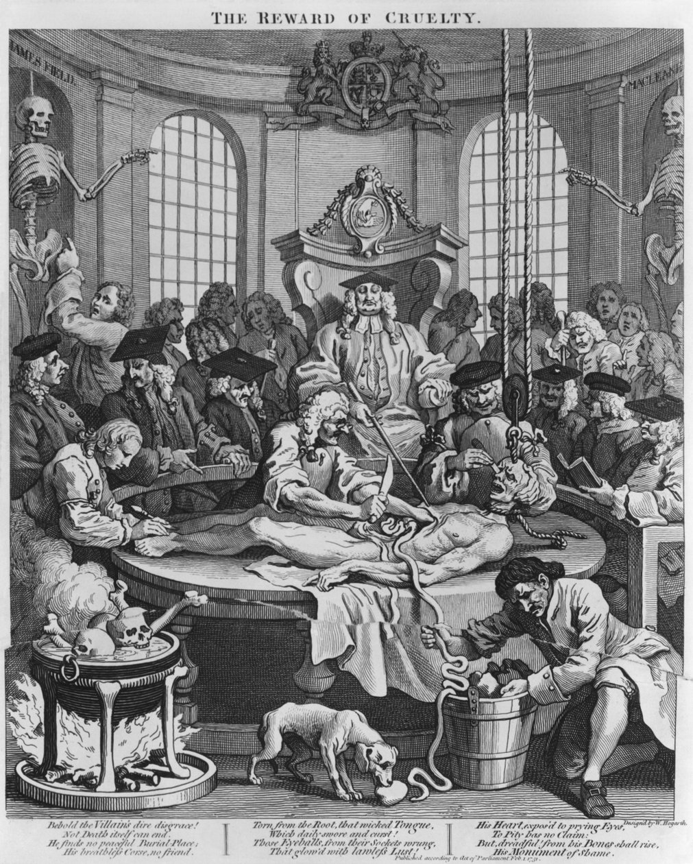 Autopsie of De Beloning van Wreedheid, uit De Vier Stadia van Wreedheid, 1751 door William Hogarth