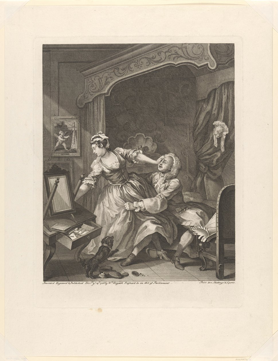 Man trekt een tegenstribbelende vrouw naar zich toe in een slaapkamer door William Hogarth