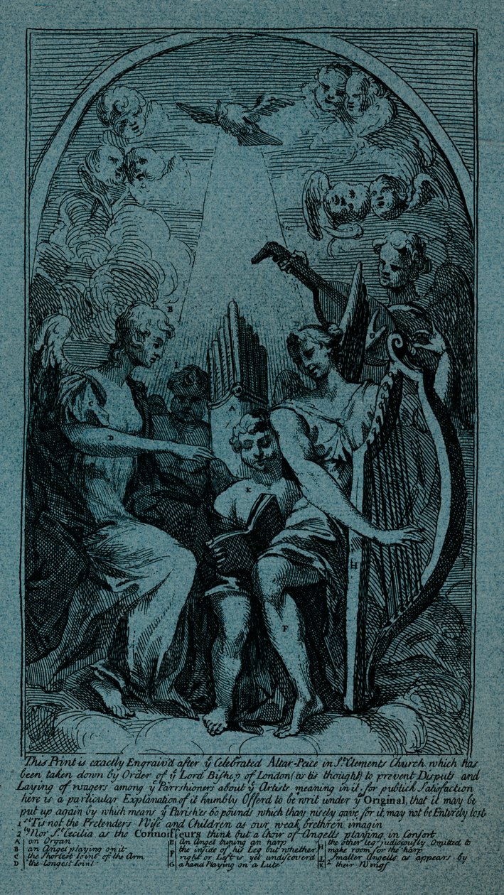 Burlesque op Kents Altaarstuk in St Clement Danes, ca. 1725 door William Hogarth