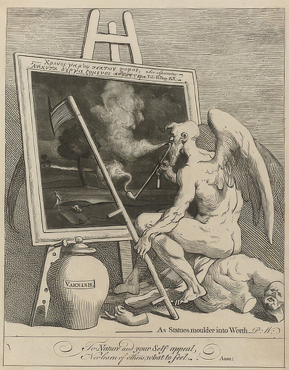De tijdgod rookt een schilderij door William Hogarth