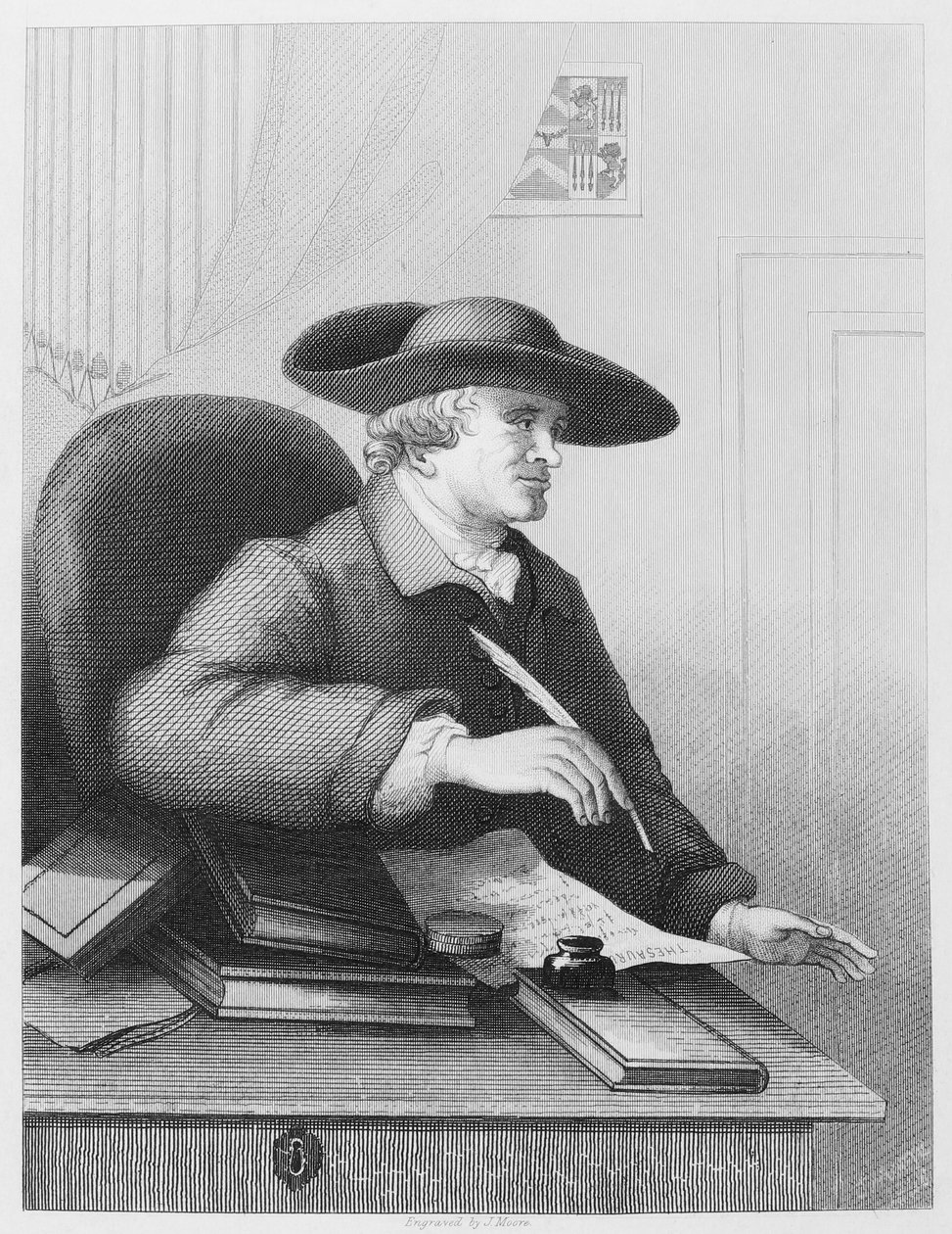 Dr. Thomas Morell de geleerde en drukker. Hij staat bekend als librettist en schreef het meest gedetailleerde verslag van de samenwerking met Handel. Gravure door J. Moore naar William Hogarth door William Hogarth