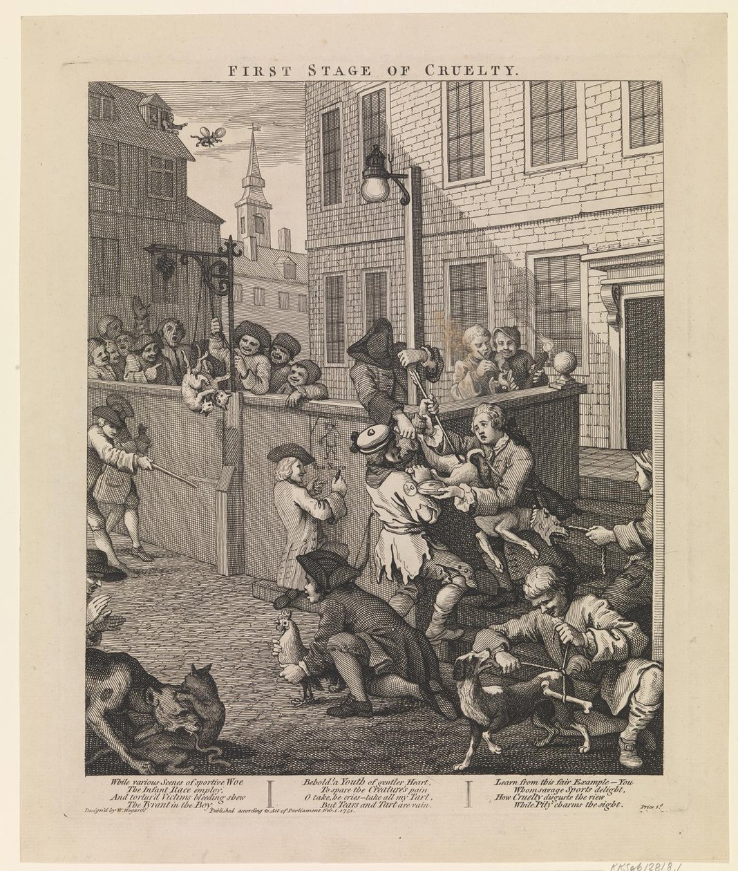 Eerste stadium van wreedheid door William Hogarth