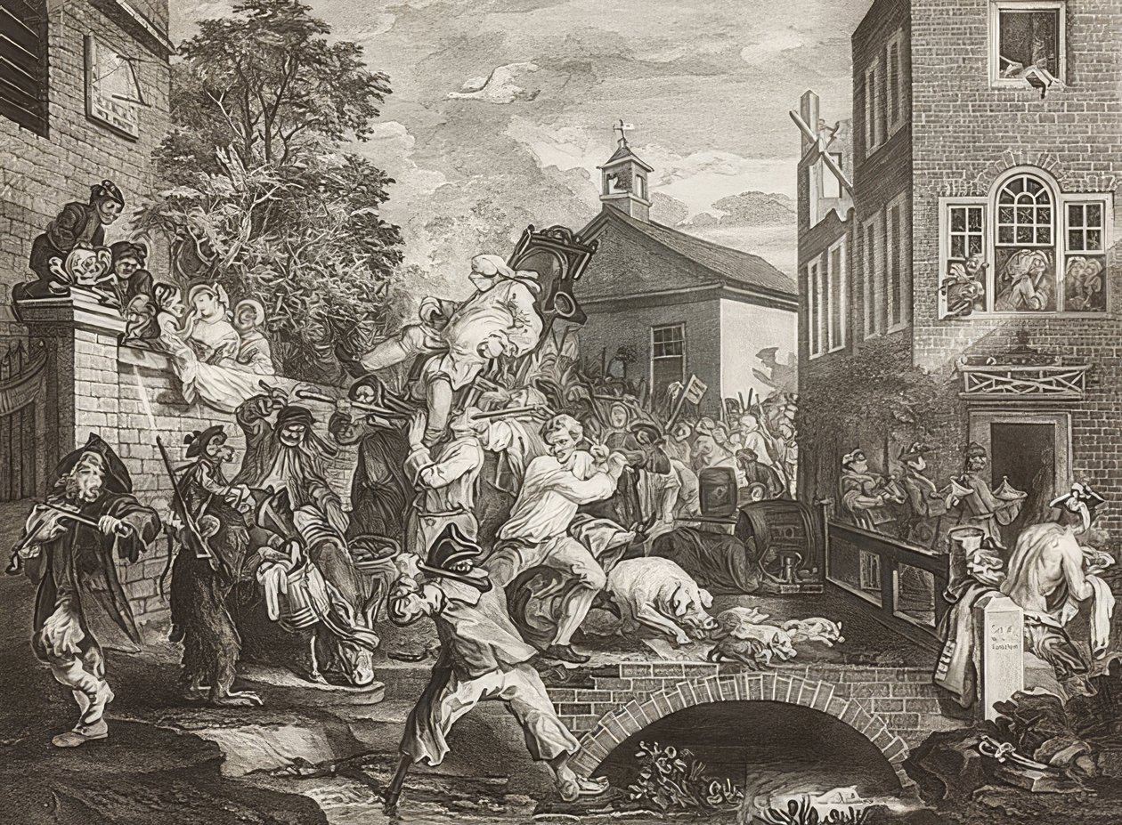 Four Prints of an Election, Plaat 4: Chairing the Members door William Hogarth